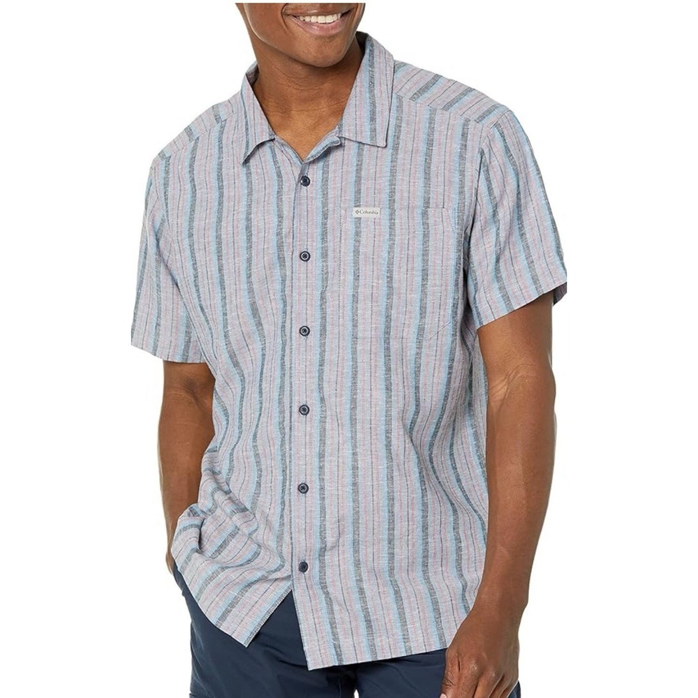 Columbia Shirt Size XXL Blue Flax Striped Button Up Short Sleeve lightweight